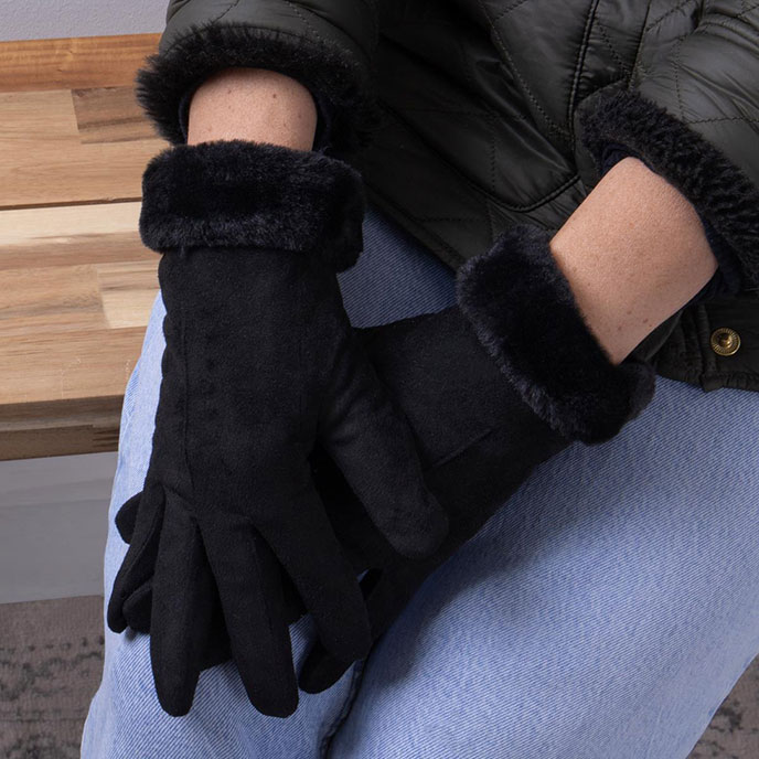 Isotoner Ladies One Point Faux Suede Glove with Faux Fur Cuff Detail Black